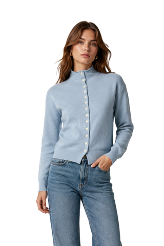 Amy Knit Button-Front Mock Neck Cardigan in light blue, front view with pearl-style buttons, worn with jeans