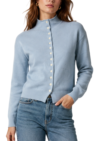 Amy Knit Button-Front Mock Neck Cardigan in light blue, closer front view of the mock neck and button placket