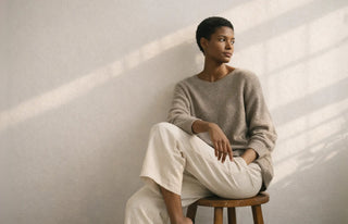 Woman in an oatmeal sweater and cream trousers seated on a wooden stool