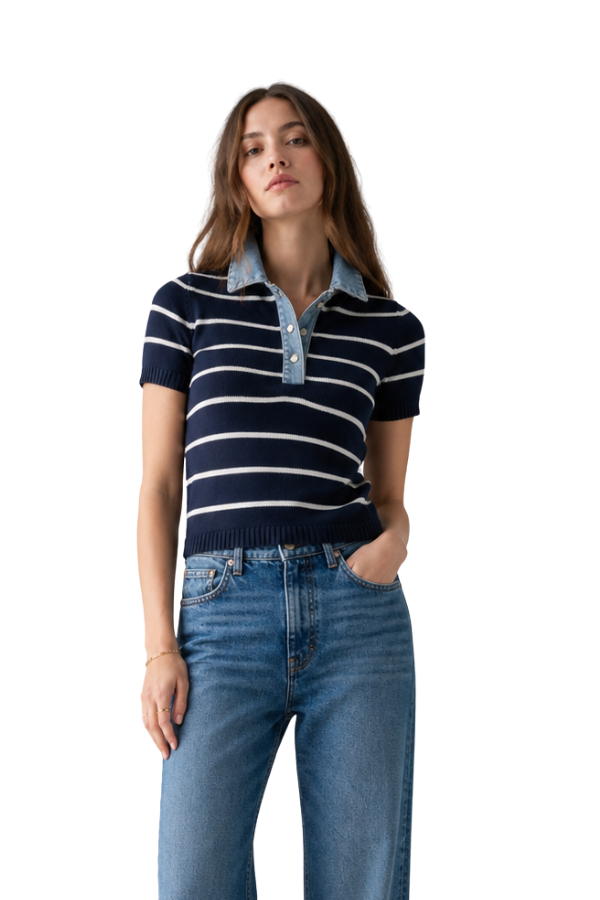 The Raya Stripe Sweater With Denim Collar