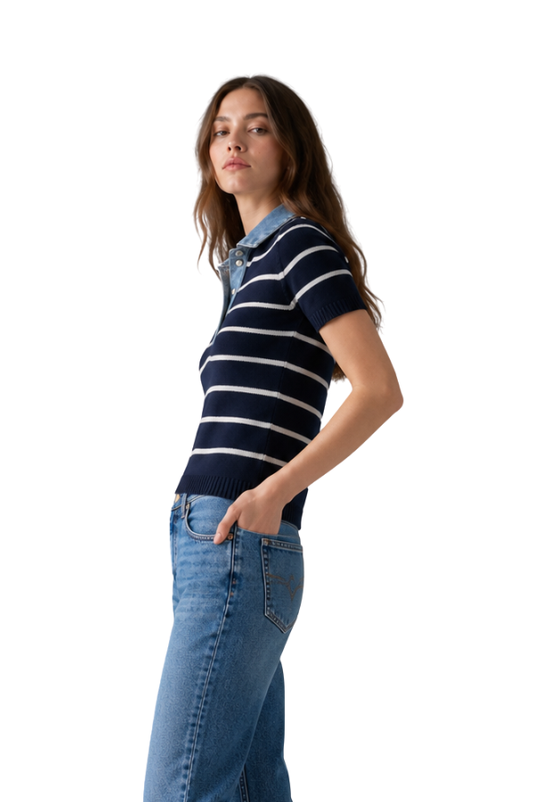 The Raya Stripe Sweater With Denim Collar