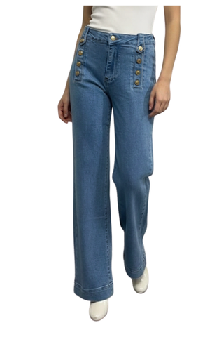 Italian Gold Button Denim in light wash, front view with wide legs and gold buttons on the front panels