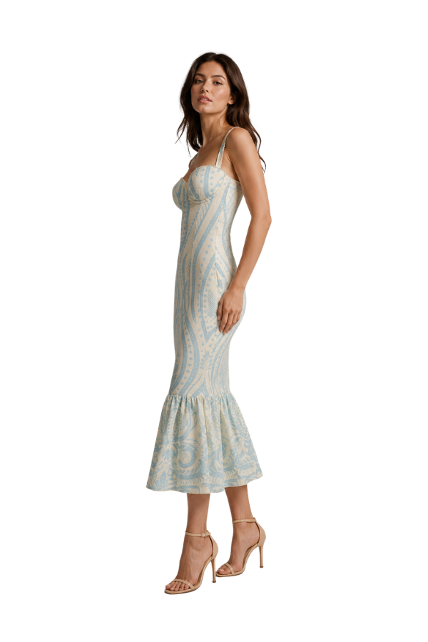 midi dress with ruffle bottom Cream Shoulder Tie Ruffle Bottom Midi Dress