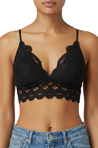 Our Lace Bralette in black, front view with triangle lace cups and scalloped cutout band