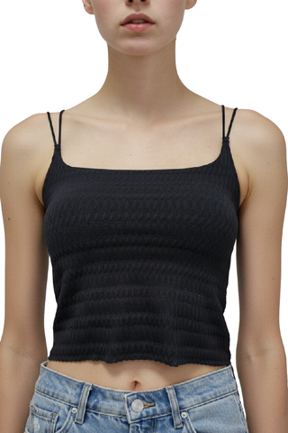 Elara Bralette Cami in black, front view with textured knit and double thin straps, worn with jeans