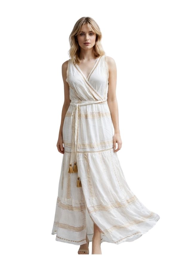 The Capri Gold Stripe V-Neck Maxi Dress