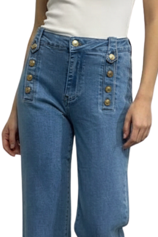 Italian Gold Button Denim in light wash, close-up of the high waist and gold buttons on the front