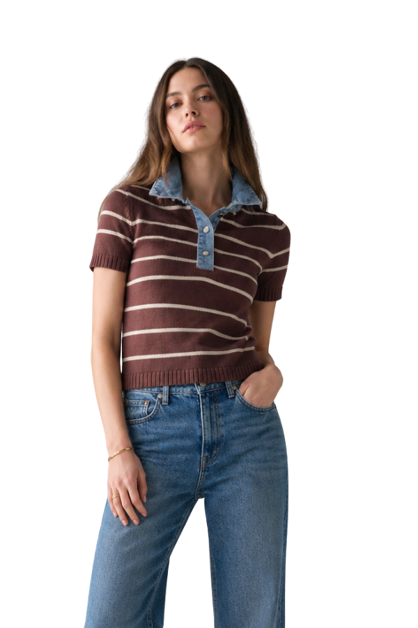The Raya Stripe Sweater With Denim Collar
