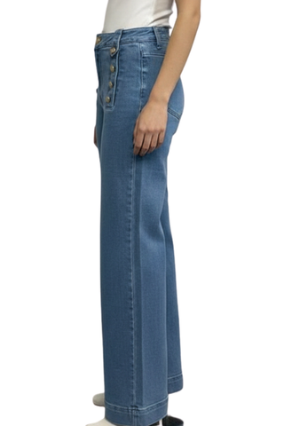 Italian Gold Button Denim in light wash, side view showing the long wide leg and button panel