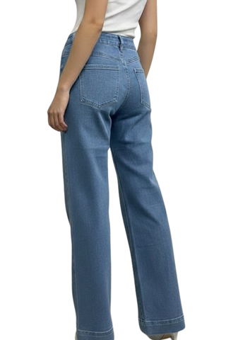 Italian Gold Button Denim in light wash, back view with patch pockets and wide-leg hem