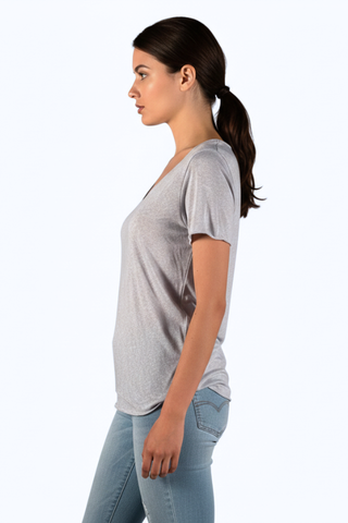 Sady Scoop Neck Tee in taupe grey, side view showing the relaxed fit and short sleeve
