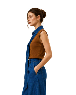 Dora Denim Collar Knit Vest in rust brown, side view showing the long denim collar tie