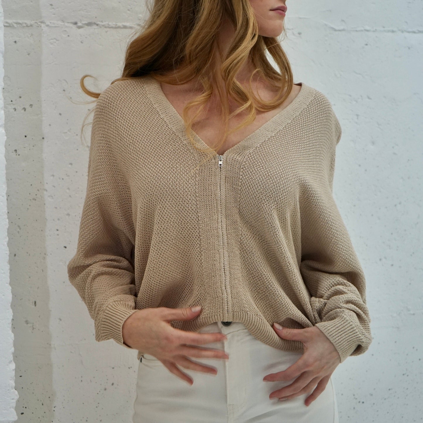 V-Neck Zip-Up Front Sweater.