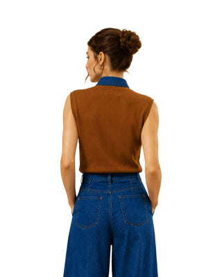 Dora Denim Collar Knit Vest in rust brown, back view of the sleeveless knit with denim collar