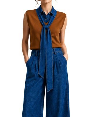 Dora Denim Collar Knit Vest in rust brown, close-up of the knotted denim collar tie over a sleeveless knit