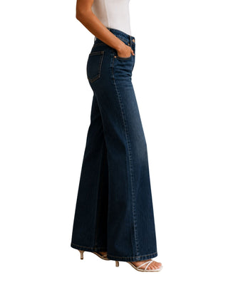 Arabella High Rise Wide Leg Adjustable Jeans in dark wash, opposite side view showing the wide leg and back pocket