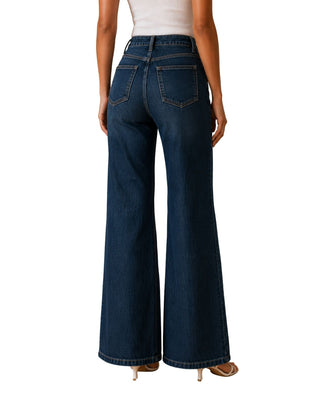 Arabella High Rise Wide Leg Adjustable Jeans in dark wash, back view with patch pockets and wide hem