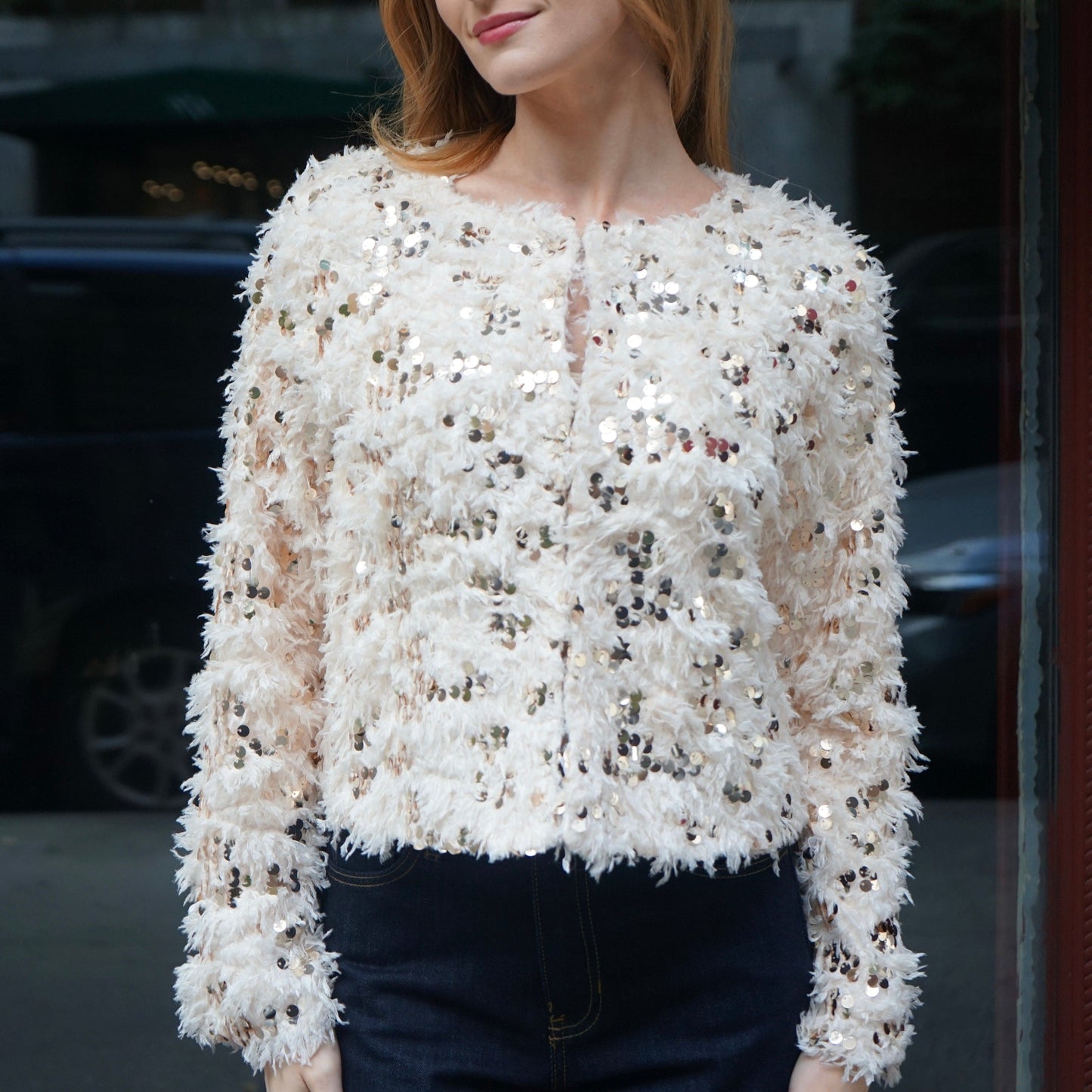 feathered sequin crop jacket