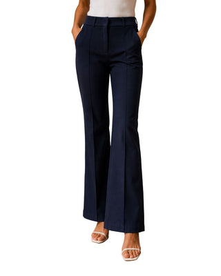 Angela High Rise Flare Pants in navy, front view with centre creases and slanted pockets