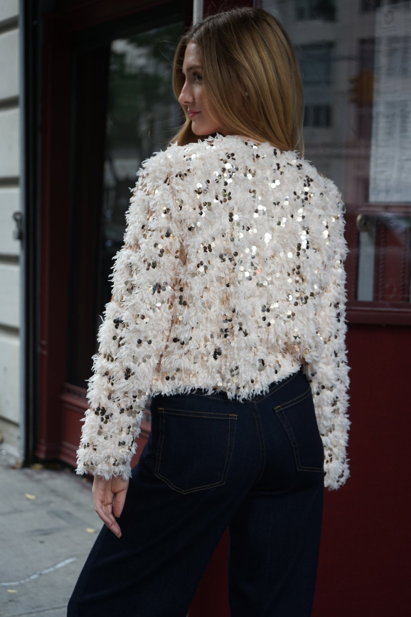 feathered sequin crop jacket