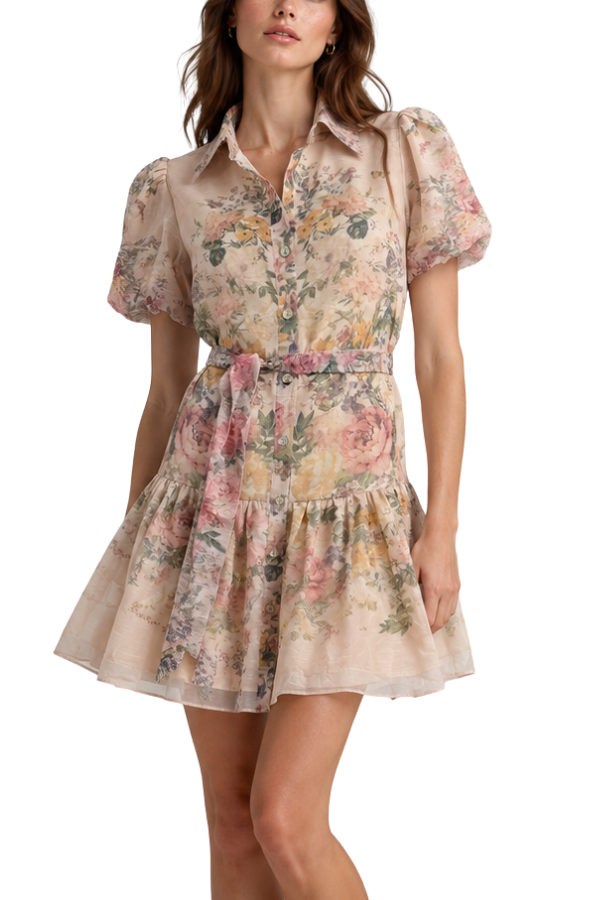 The Eloise Blush Floral Puff-Sleeve Dress