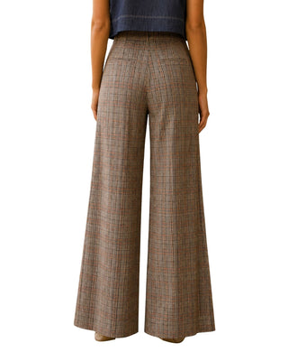 Astrid Plaid Straight Leg Pants in brown plaid, back view with welt pockets and wide legs