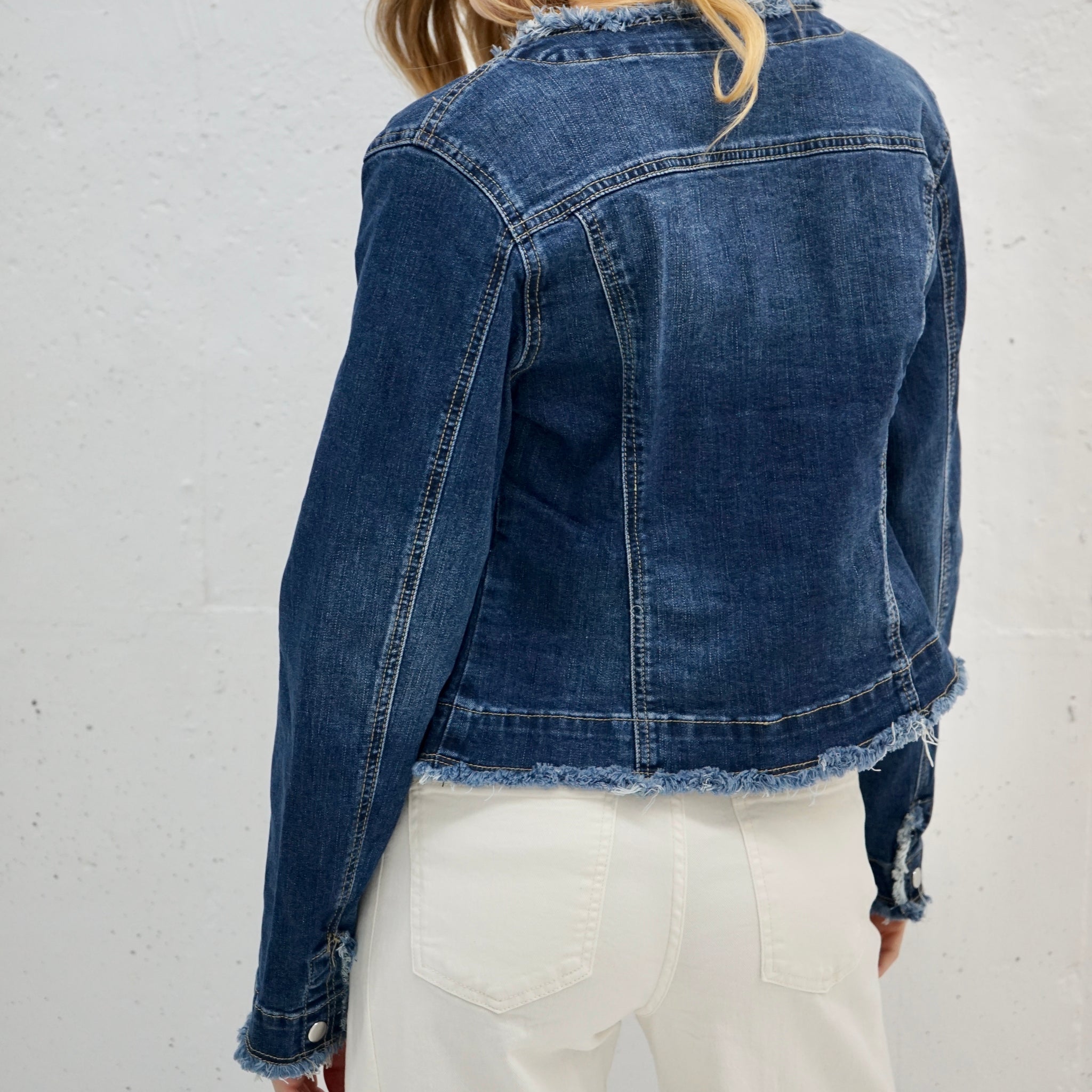 denim jacket with raw hem edge