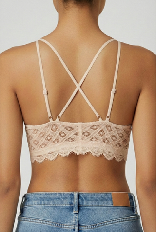 Our Lace Bralette in beige, back view with criss-cross straps and scalloped lace band