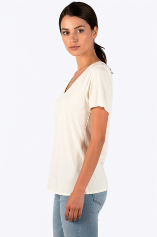 Sady Scoop Neck Tee in ivory, side view showing the short sleeve and loose drape