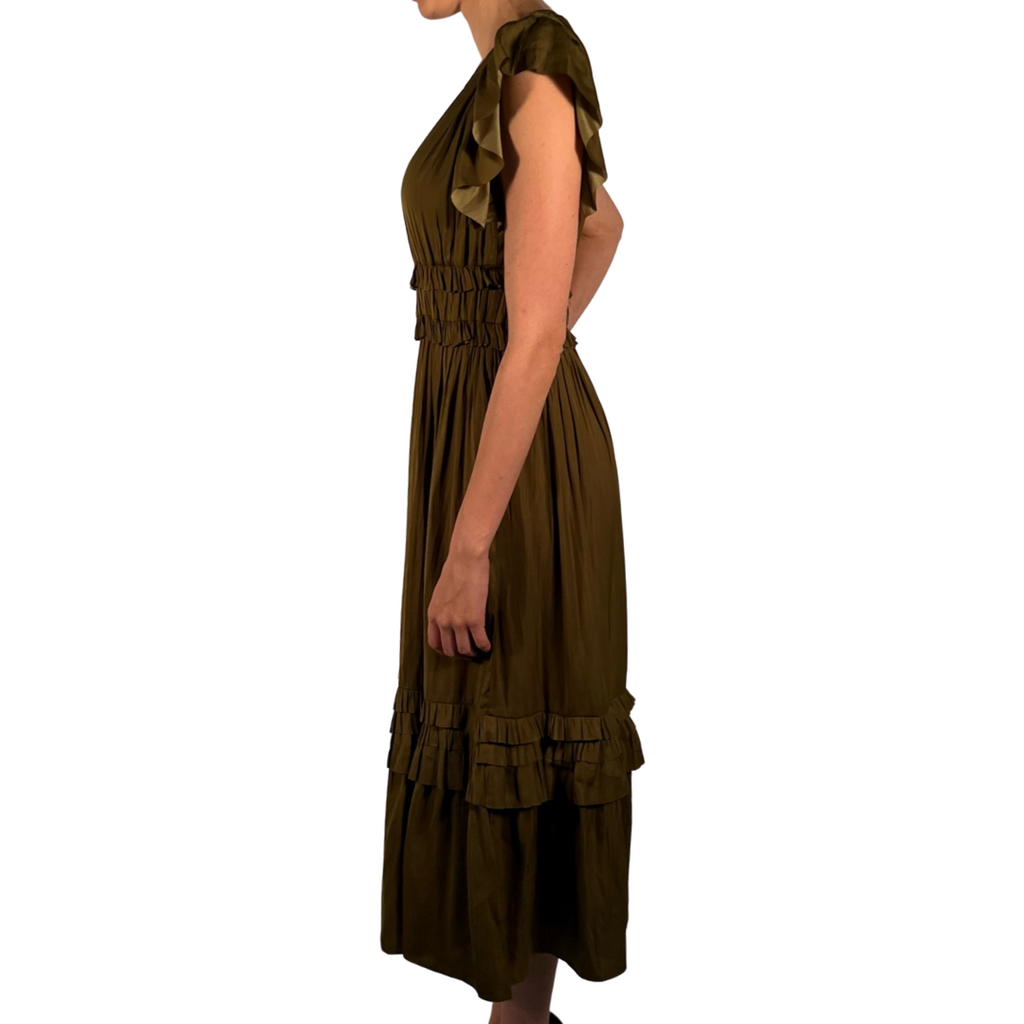 Juliet Ruffled Satin V-neck Midi Dress pookie and sebastian