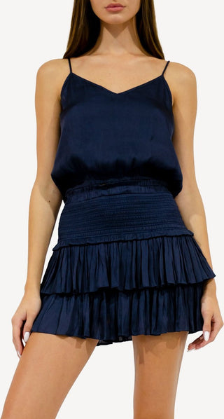 Mystra Silk Crop Top in navy, front view paired with a matching tiered ruffle skirt