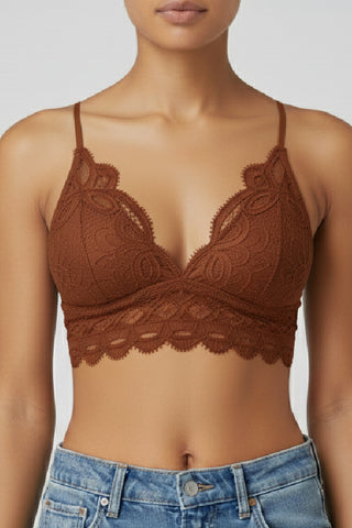 Our Lace Bralette in mocha brown, front view with triangle lace cups and scalloped hem