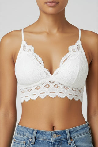 Our Lace Bralette in white, front view with floral lace cups and scalloped edge