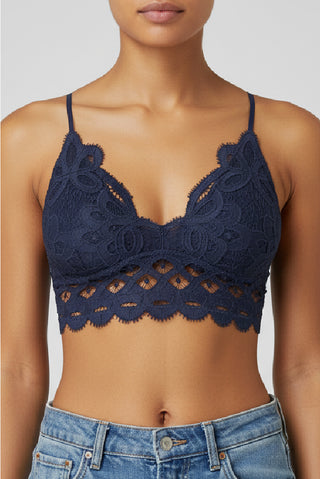 Our Lace Bralette in navy, front view with scalloped lace edge and cutout band