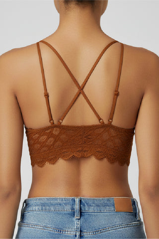 Our Lace Bralette in mocha brown, back view with crossed straps and patterned lace band