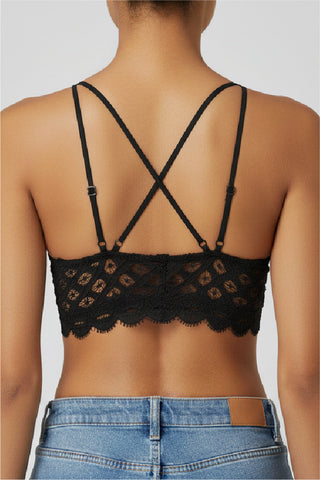 Our Lace Bralette in black, back view showing crossed adjustable straps and lace back band