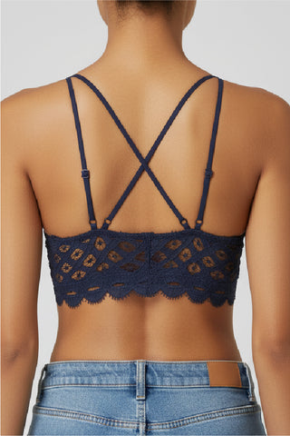 Our Lace Bralette in navy, back view showing criss-cross adjustable straps