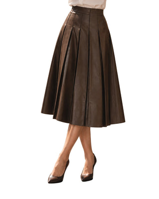 The Pleated Faux Leather Midi Skirt – front view on model, chocolate brown