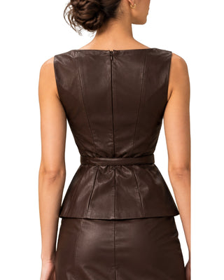 Sienna Faux Leather Belted Top in chocolate brown, back view showing centre zip and peplum hem