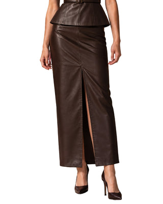 Morgan Faux Leather Midi Skirt in chocolate, front view with centre slit, worn with a matching peplum top and heels