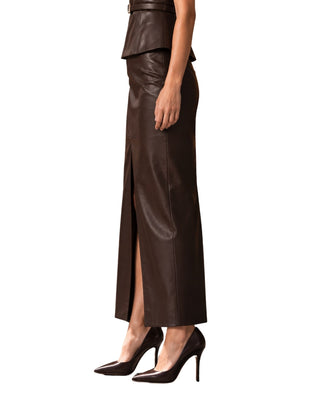 Morgan Faux Leather Midi Skirt in chocolate, side view showing the front slit and slim column fit