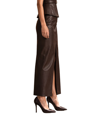 Morgan Faux Leather Midi Skirt in chocolate, opposite side view with the slit and hip pocket detail