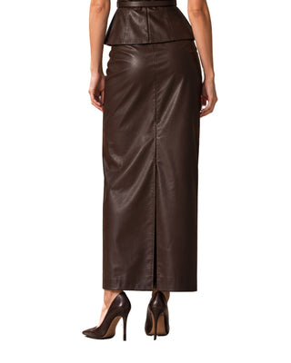 Morgan Faux Leather Midi Skirt in chocolate, back view with centre back seam and slim fit