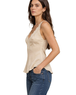 Angeline Lace Trimmed Satin Cami in champagne, side view showing the lace edge and flared hem