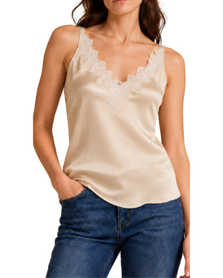 Angeline Lace Trimmed Satin Cami in champagne, close-up of the lace-trimmed V-neck and satin finish