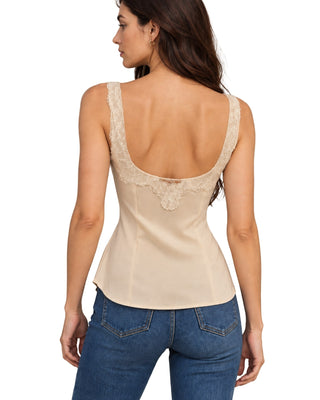 Angeline Lace Trimmed Satin Cami in champagne, back view with scooped lace-trimmed back