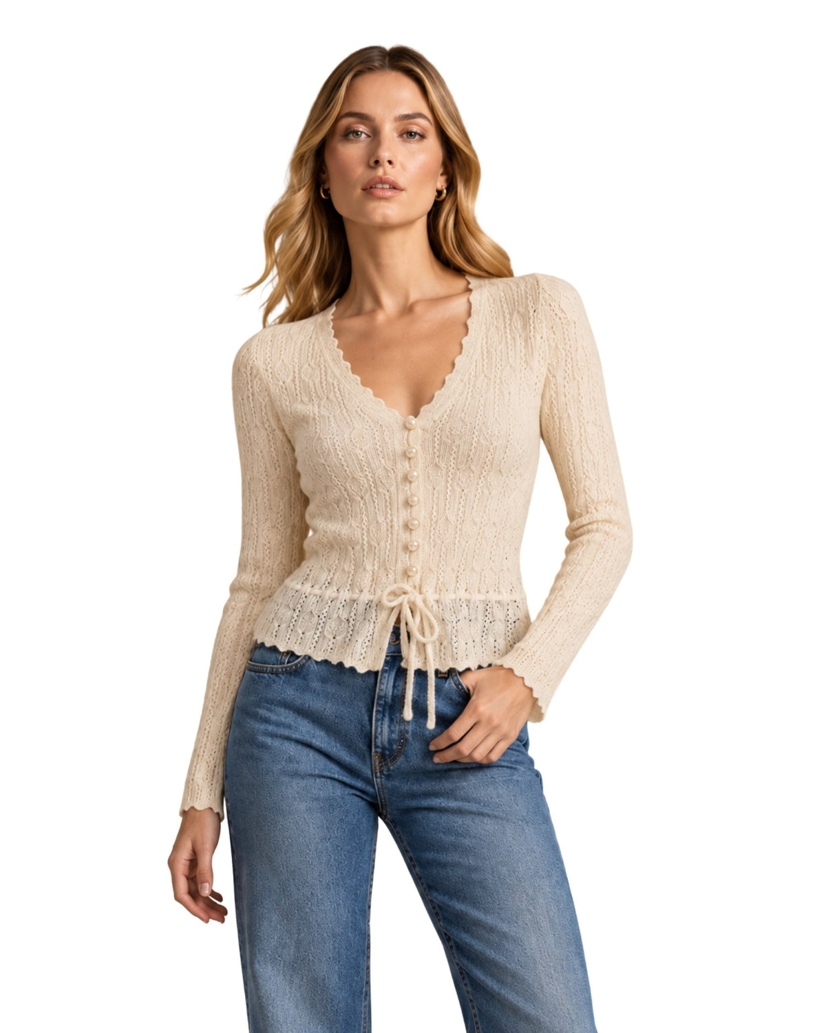 The Hampton Cinched Waist Crochet Knit Cardigan - Cream