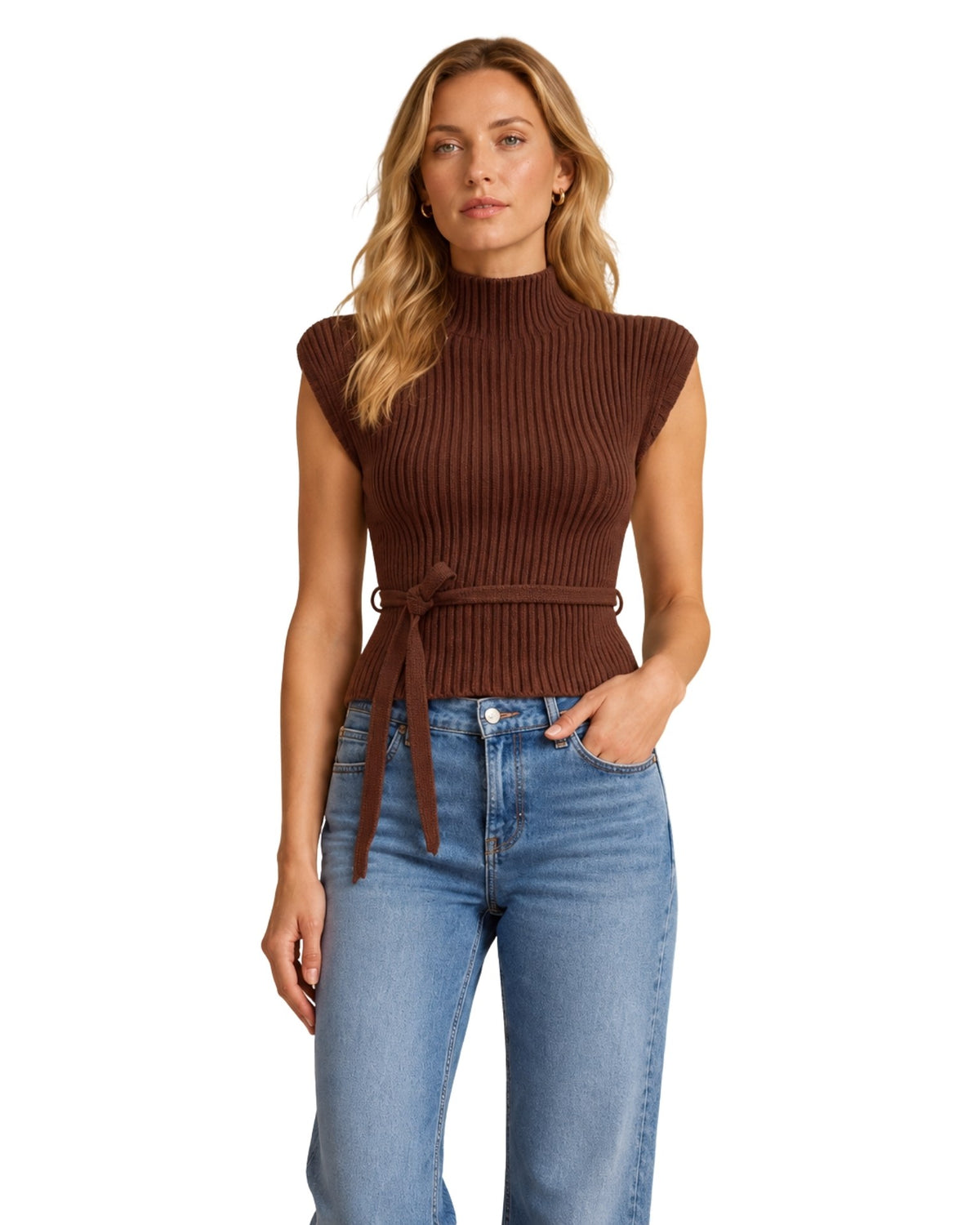 The Rosie Belted Ribbed Mock Neck Top