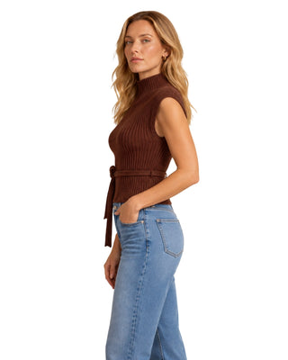 Rosie Belted Ribbed Mock Neck Top in brown, side view showing the ribbed knit and tie belt
