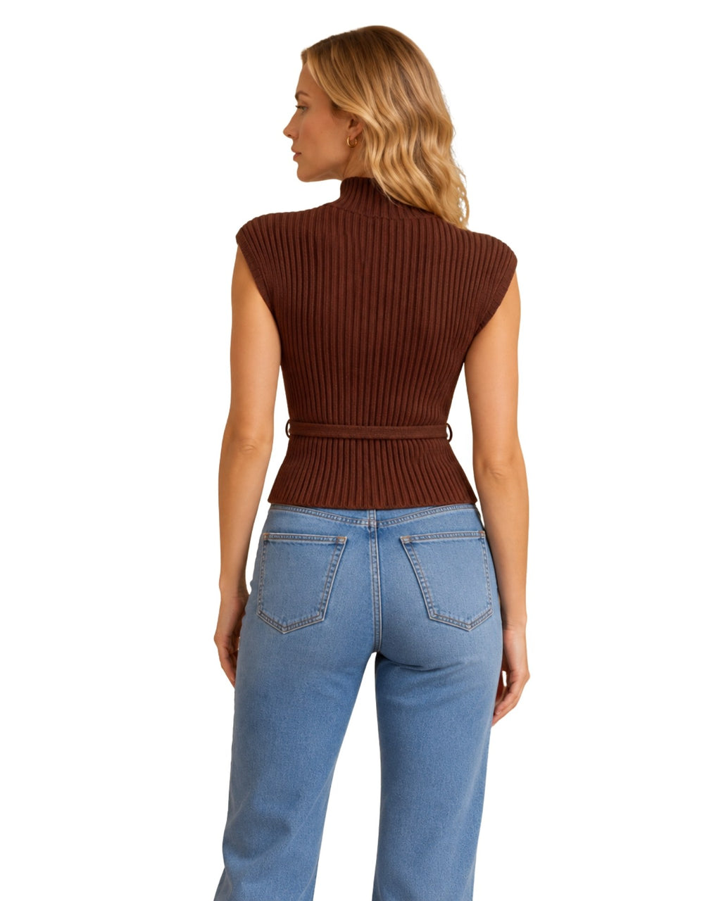 The Rosie Belted Ribbed Mock Neck Top